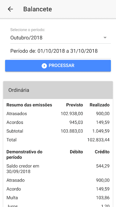 Tela oficial de balancete do CondoNow